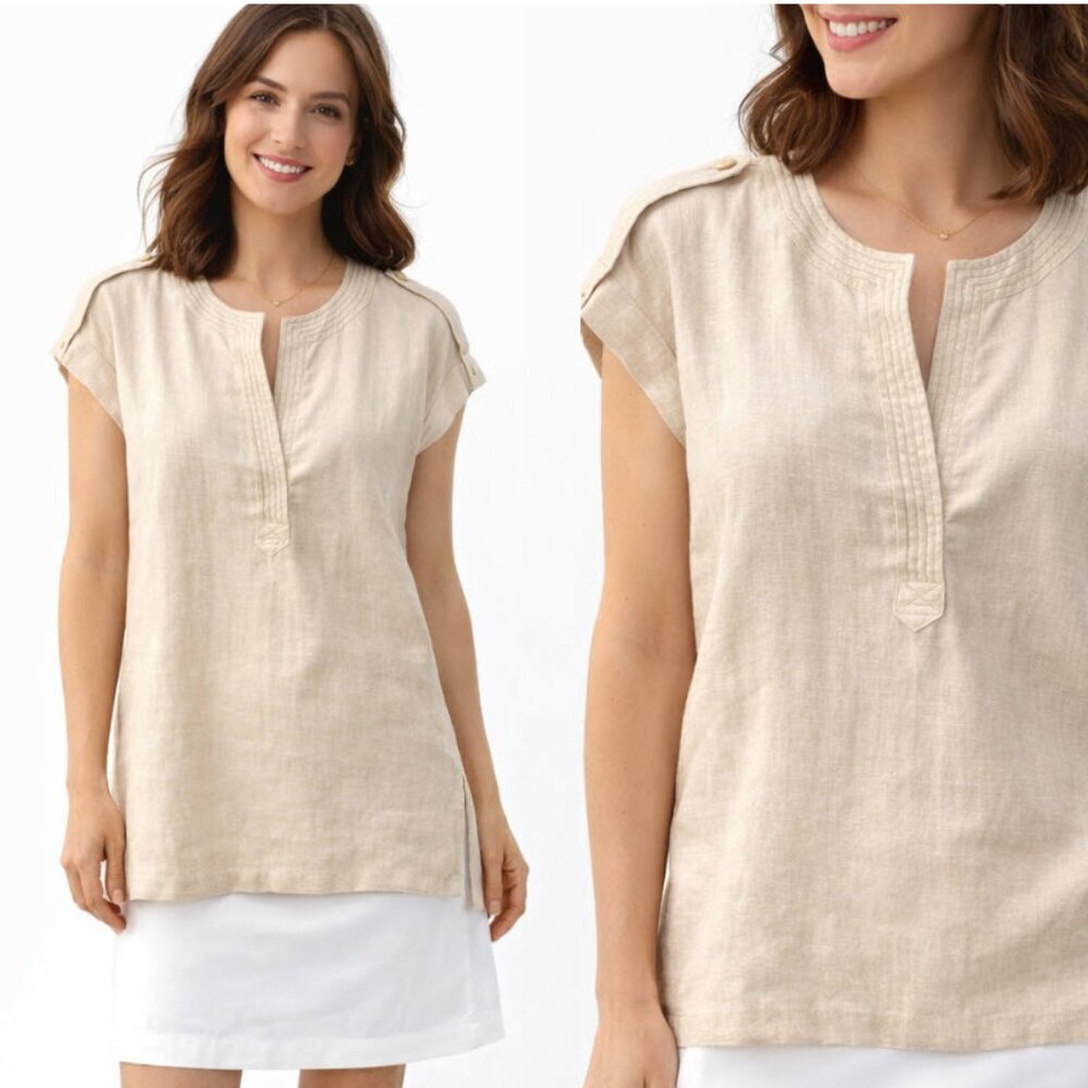 Michael Kors Linen Tan Top Tunic V-Neck Side Slit Size Medium